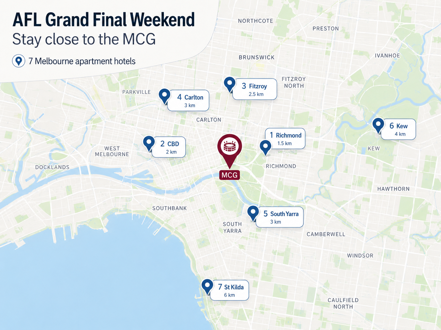 Map of seven Central Apartment Group Melbourne hotels close to the MCG